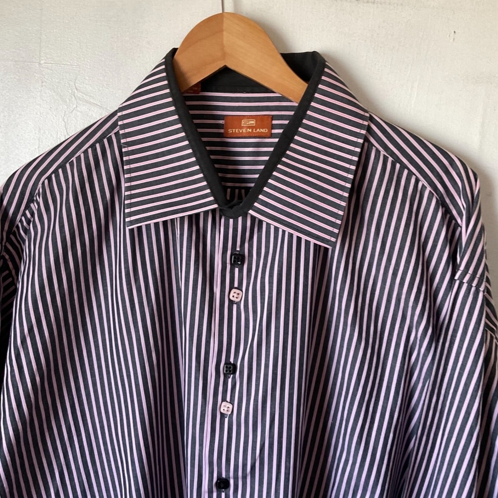 Steven Land Dress Shirt Pink and Black Stripes 100 % Cotton Unique Rare XXL‎